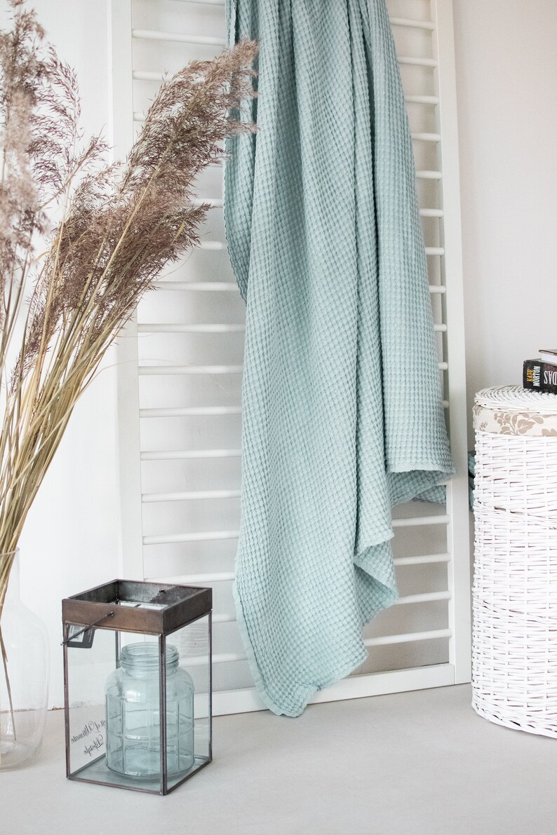 Light Blue Linen Throw Blanket Washed Bedspread Bed Cover Boho Etsy