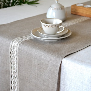 Natural linen table runner Family dinner lace table decor Taupe modern farmhouse centerpiece Christmas living tabletop decor new home gift image 1