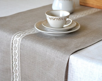 Natural linen table runner Family dinner lace table decor Taupe modern farmhouse centerpiece Christmas living tabletop decor new home gift