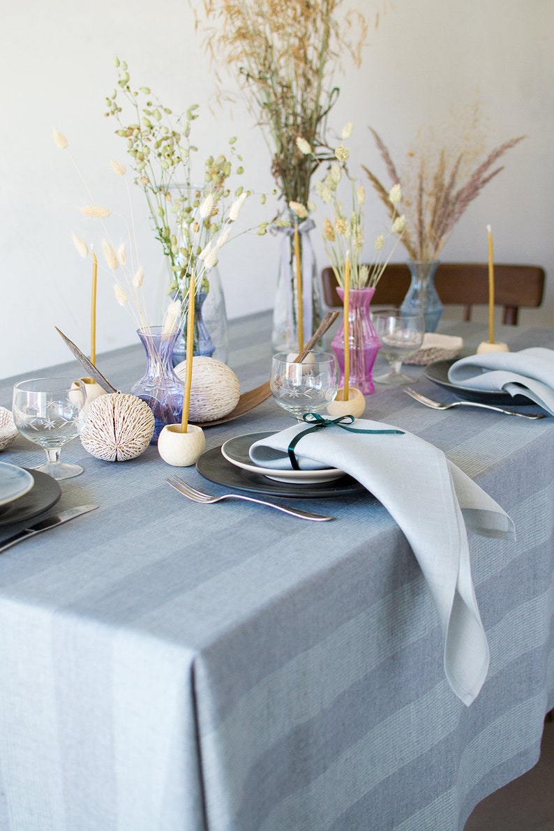 Blue gray linen tablecloth Dinner table decor cloth Wedding Etsy