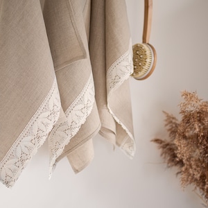 Natural linen small guest towels Boho beige face towels with white lace Bath linens hand towels Stone washed set 2 4 shabby chic towels