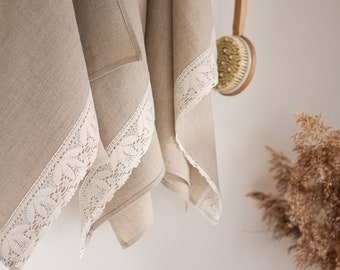 Natural linen small guest towels Boho beige face towels with white lace Bath linens hand towels Stone washed set 2 4 shabby chic towels