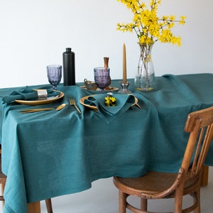 Teal blue linen tablecloth Easter dinner table decor cloth Wedding party tablecloth Stone washed natural table cloth Boho Living tablescapes image 3