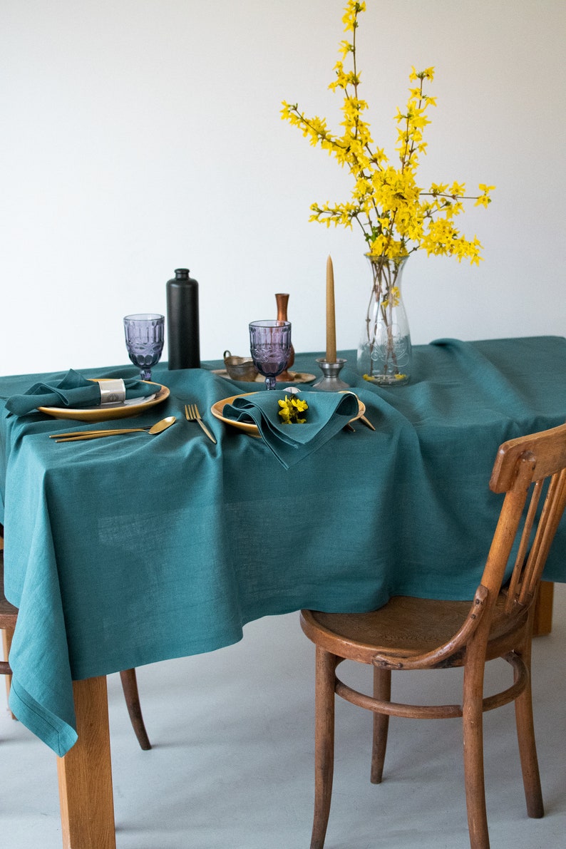 Teal blue linen tablecloth Easter dinner table decor cloth Wedding party tablecloth Stone washed natural table cloth Boho Living tablescapes image 3