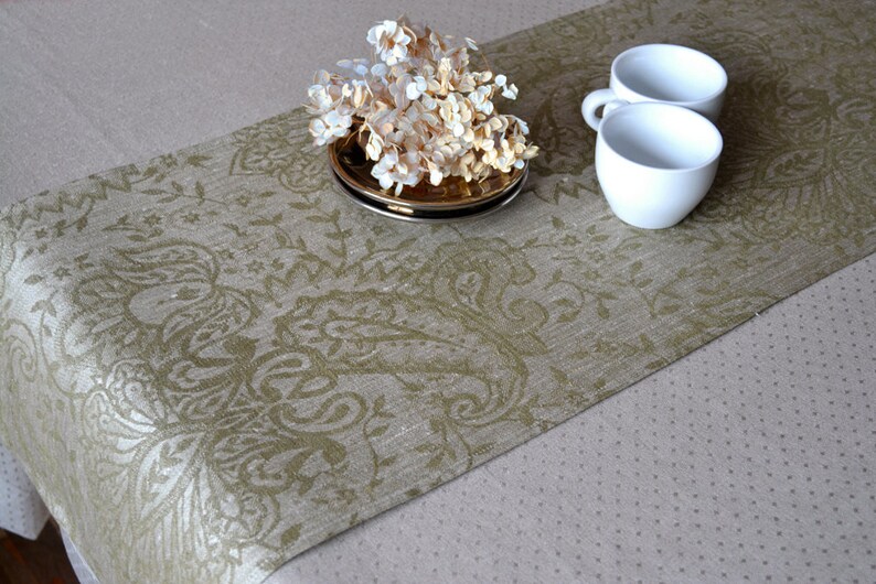 Damask Table Runner Olive Green / Natural Gray Linen table Etsy