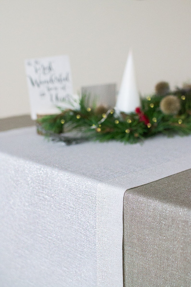 White silver linen table RUNNER Christmas metallic table scapes Wedding table centerpiece decor Holiday party dinner table decoration