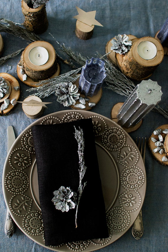 Tovaglioli di stoffa di lino neri Set 6 tovaglioli per la cena di nozze  Tovaglioli rustici da cocktail Decorazioni per la tavola eco-compatibili  per feste Impostazione della tavola di Halloween 