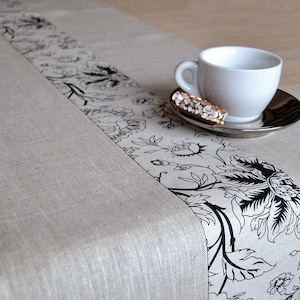 Natural linen table runner Dinner taupe table setting Eco friendly vegan runner Tan table decor Gray white with floral black print runner