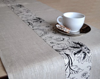 Natural linen table runner Dinner taupe table setting Eco friendly vegan runner Tan table decor Gray white with floral black print runner