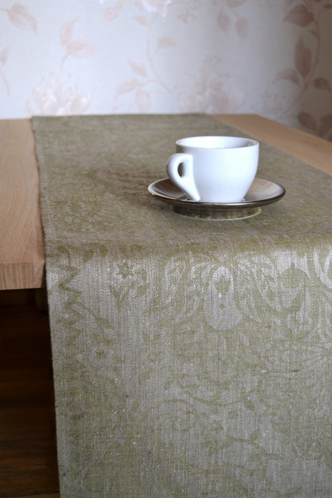 Damask Table Runner Olive Green / Natural Gray Linen table Etsy