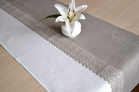 Linen Table Runner With Lace Natural Wedding Dinner Table Decor Rustic  Table Setting Taupe White Centerpiece Runner Home Cottage Runner 