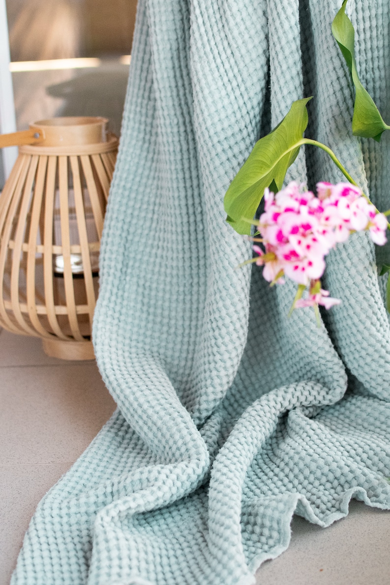 Light Blue Linen Throw Blanket Washed Bedspread Bed Cover Boho Etsy