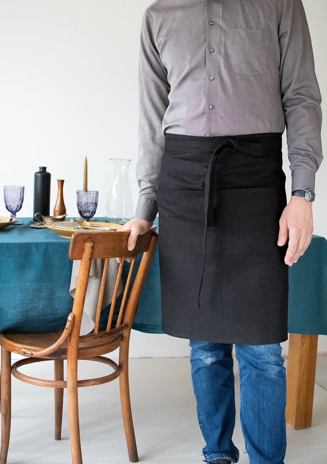 demi-tablier de cuisine en lin naturel unisexe à taille noire avec une grande poche tablier longues bretelles cadeau pour homme barbecue moyen