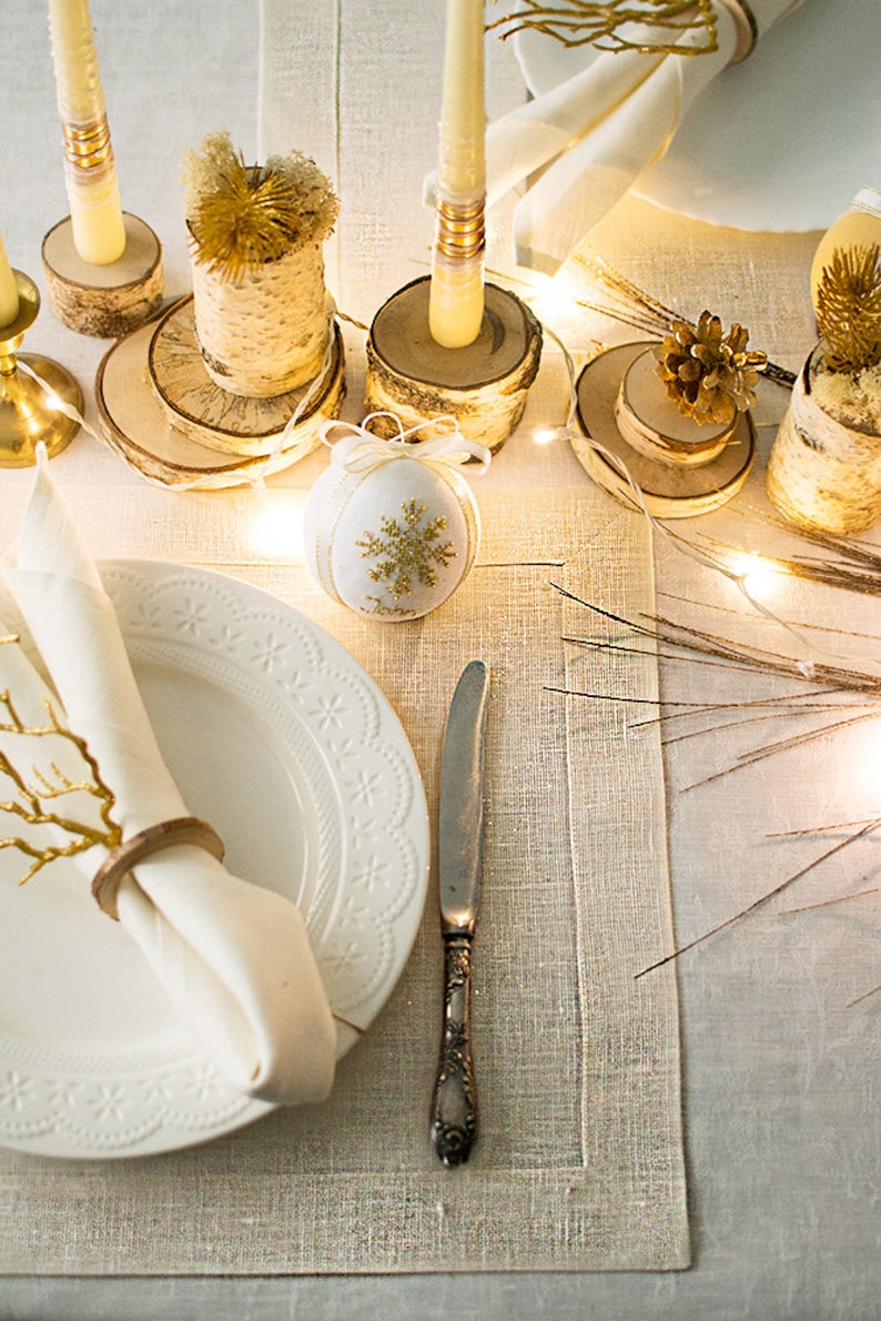 Gold Sparkly Ecru Linen Placemats Set 6 Fabric Mats Wedding Etsy