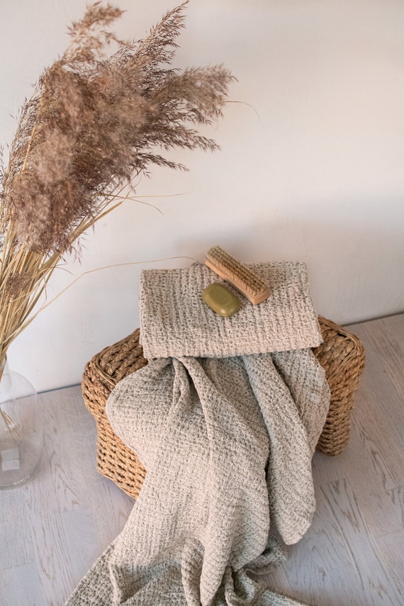 Asciugamani in lino naturale Set di asciugamani Asciugamani da bagno  pesanti per massaggi Asciugamani grandi rustici lavati in pietra Asciugamani  Waffle Eco Asciugamani grandi per sauna -  Italia