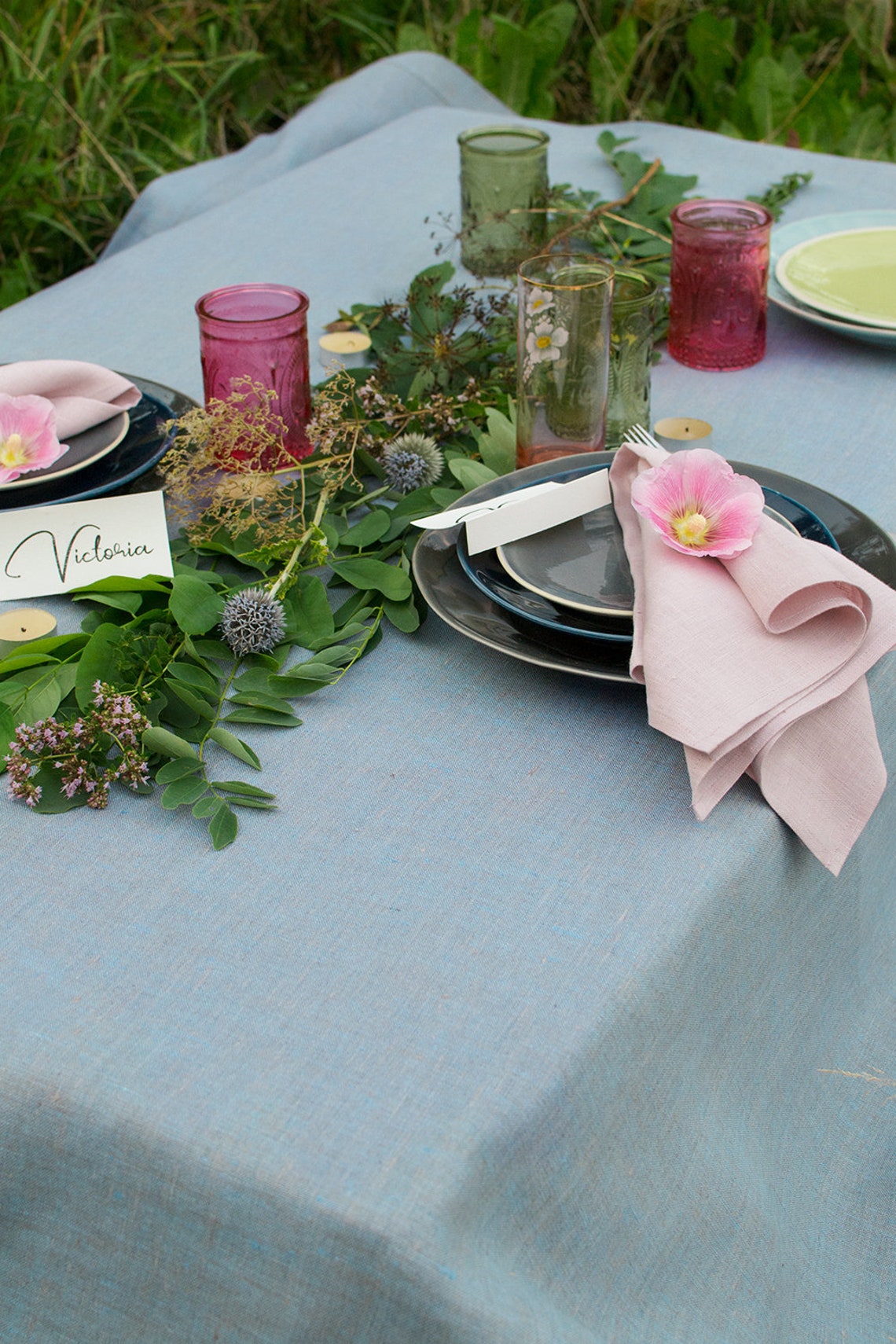 Blue Linen Tablecloth Wedding Dinner Table Decor Cloth Baby Etsy