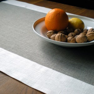May include: A grey linen table runner with a white border. The runner is decorated with a white plate containing an orange, a lemon, and walnuts.