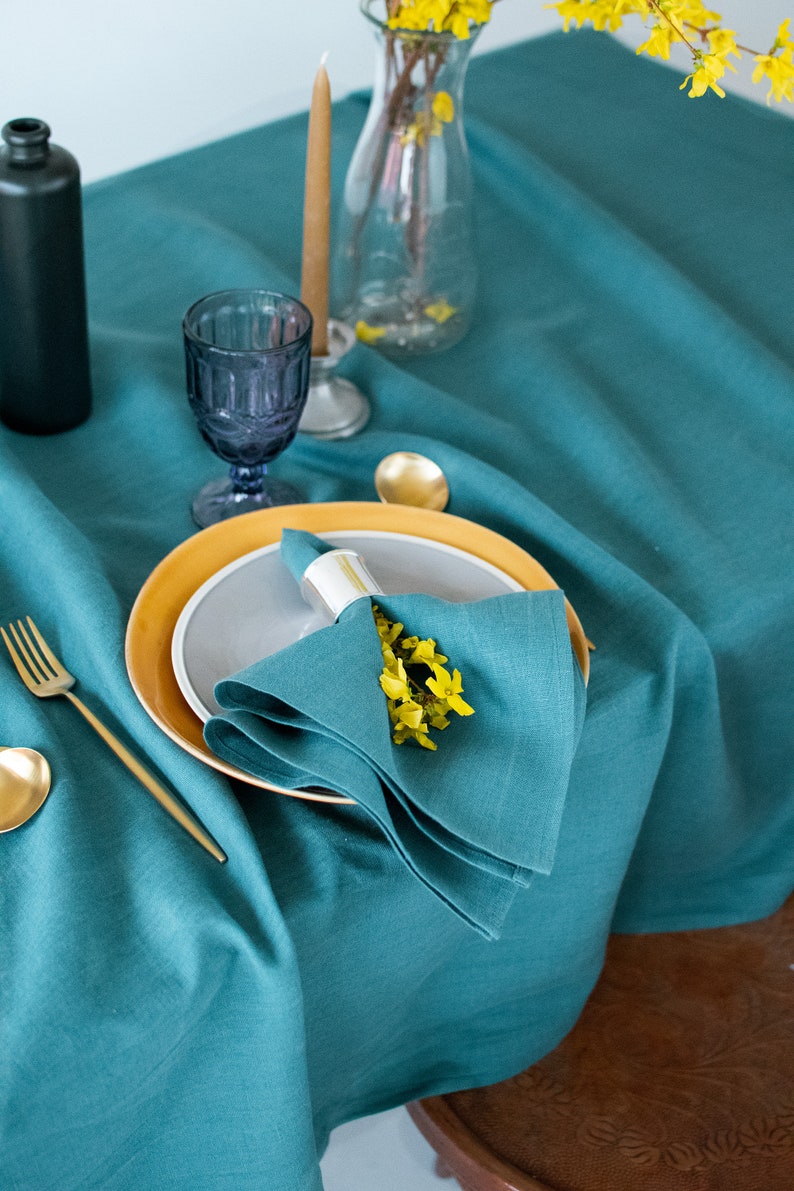 Teal blue linen tablecloth Easter dinner table decor cloth Wedding party tablecloth Stone washed natural table cloth Boho Living tablescapes image 7