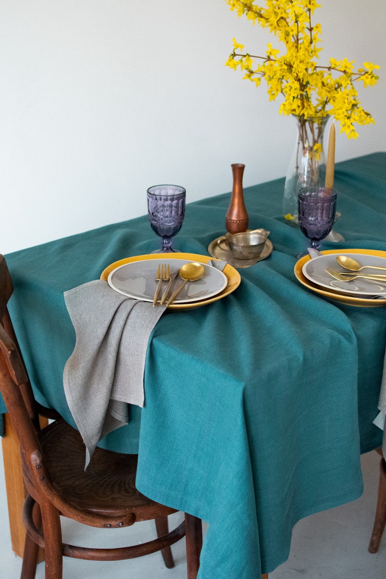 Teal blue linen tablecloth Easter dinner table decor cloth Wedding party tablecloth Stone washed natural table cloth Boho Living tablescapes image 10