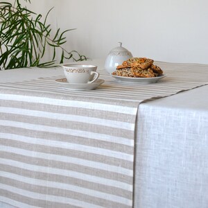 Striped linen table runner Wedding shower runner Rustic natural table decor runner Event dine table runner Birthday engagement runner image 2