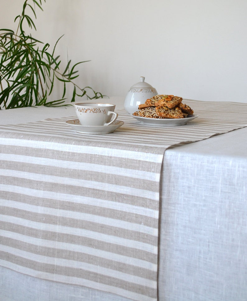 Striped linen table runner Wedding shower runner Rustic natural table decor runner Event dine table runner Birthday engagement runner image 2