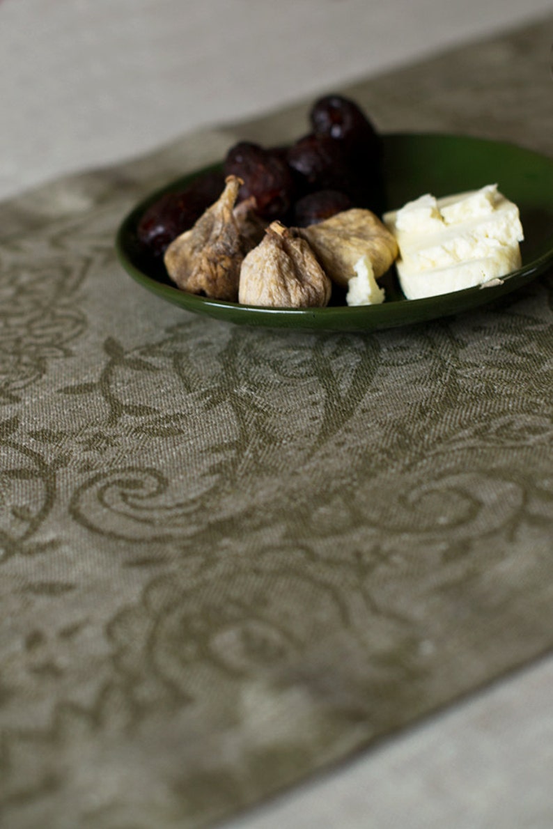Damask Table Runner Olive Green / Natural Gray Linen table Etsy