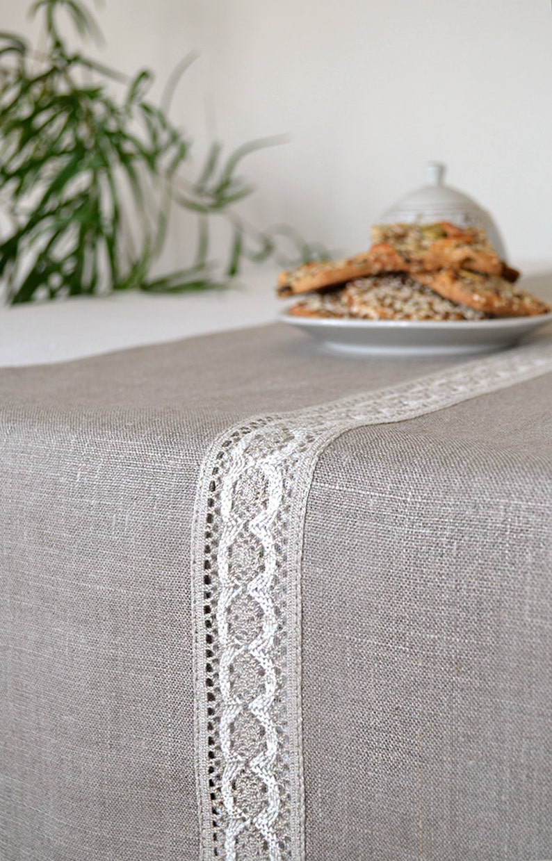 Natural linen table runner Family dinner lace table decor Taupe modern farmhouse centerpiece Christmas living tabletop decor new home gift image 3