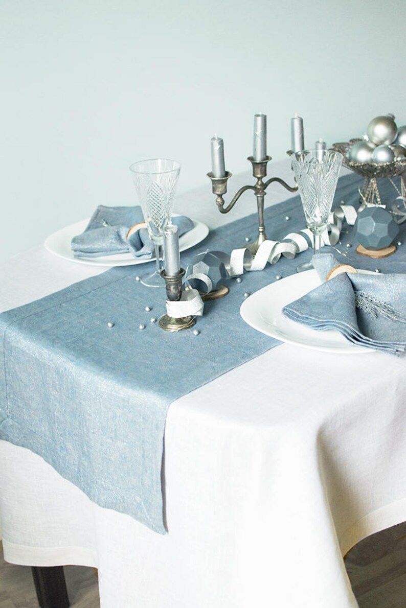 Blue silver linen table RUNNER Metallic table decor Sparkly Etsy