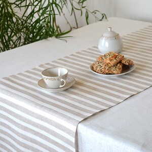 May include: A beige and white striped linen table runner with a white cup and saucer and a plate of cookies on a white tablecloth.