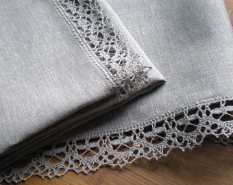 Natural linen towels with lace Eco kitchen decor tea towels Bath linens towels Set 2 cottage towels Tan sustainable living hand towels 16x28
