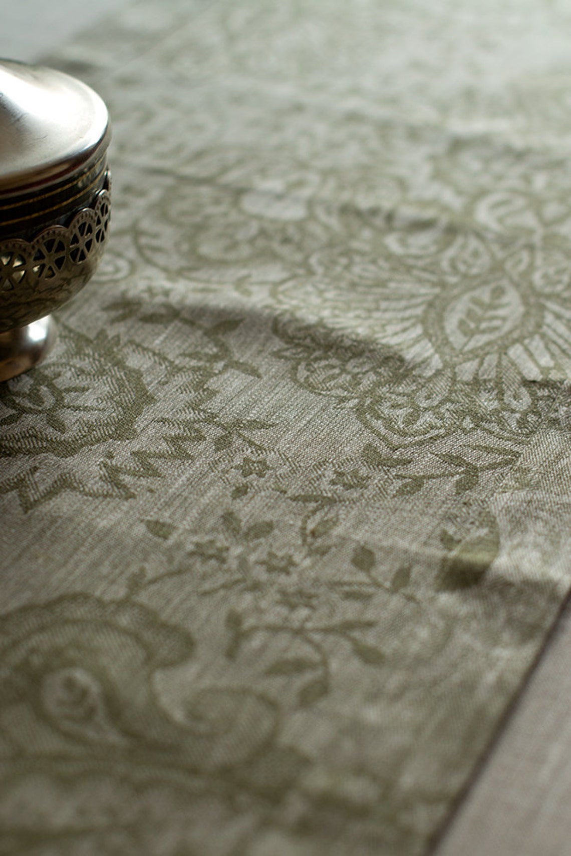 Damask Table Runner Olive Green / Natural Gray Linen table Etsy