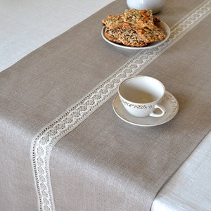 Natural linen table runner Family dinner lace table decor Taupe modern farmhouse centerpiece Christmas living tabletop decor new home gift image 5