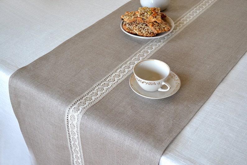 Natural linen table runner Family dinner lace table decor Taupe modern farmhouse centerpiece Christmas living tabletop decor new home gift image 5