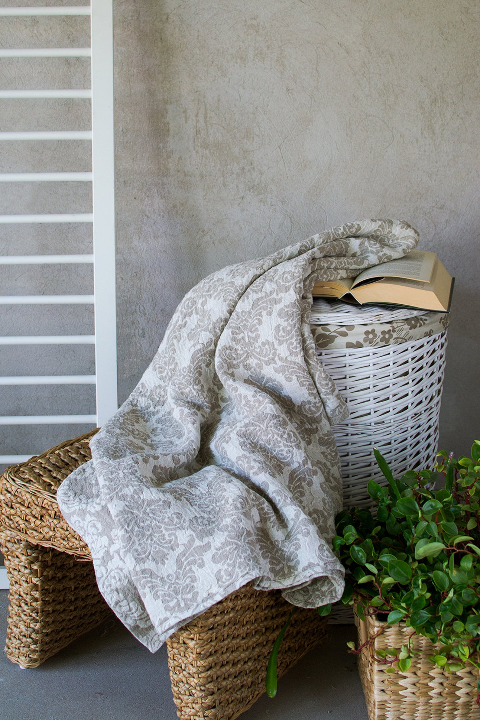 White With Natural Linen Throw Blanket Washed Bedspread Bed Etsy
