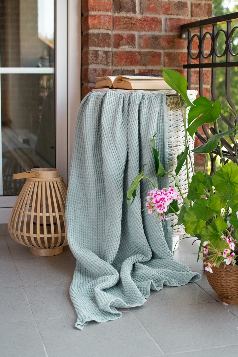 Light Blue Linen Throw Blanket Washed Bedspread Bed Cover Boho Etsy