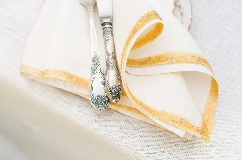 White linen napkins with gold trim Wedding dinner napkins Etsy