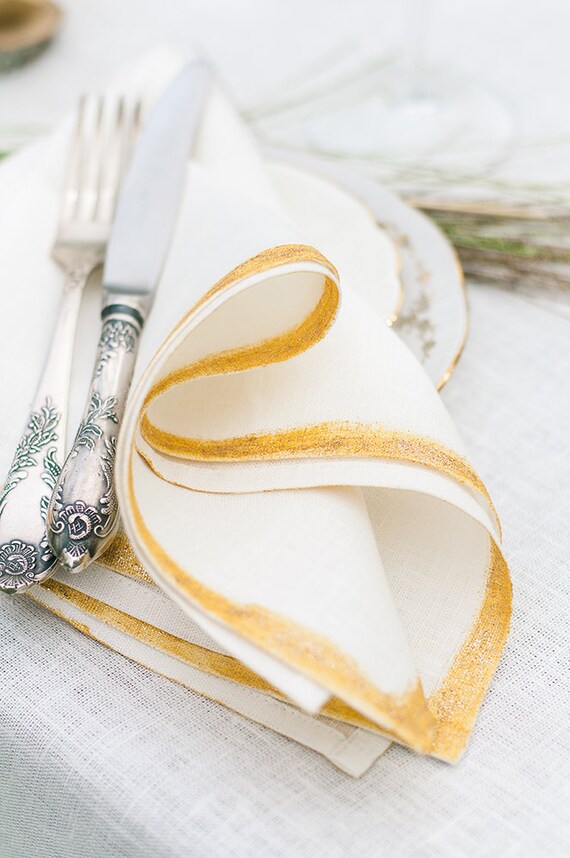 White linen napkins with gold trim Wedding dinner napkins Etsy