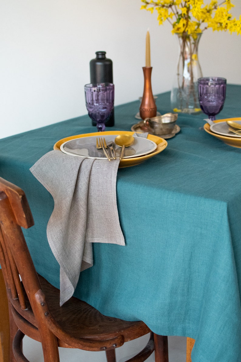 Teal blue linen tablecloth Easter dinner table decor cloth Wedding party tablecloth Stone washed natural table cloth Boho Living tablescapes image 9