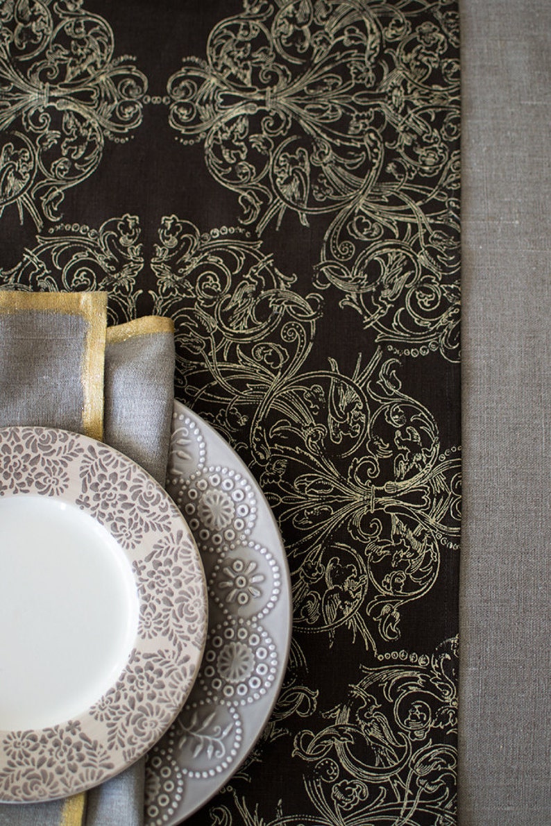 Brown Linen Table Runner Luxury Gold Dinner Runner Wedding Etsy