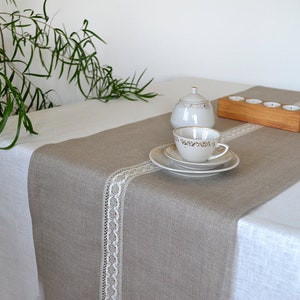 Natural linen table runner Family dinner lace table decor Taupe modern farmhouse centerpiece Christmas living tabletop decor new home gift image 6