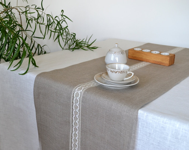 Natural linen table runner Family dinner lace table decor Taupe modern farmhouse centerpiece Christmas living tabletop decor new home gift image 6