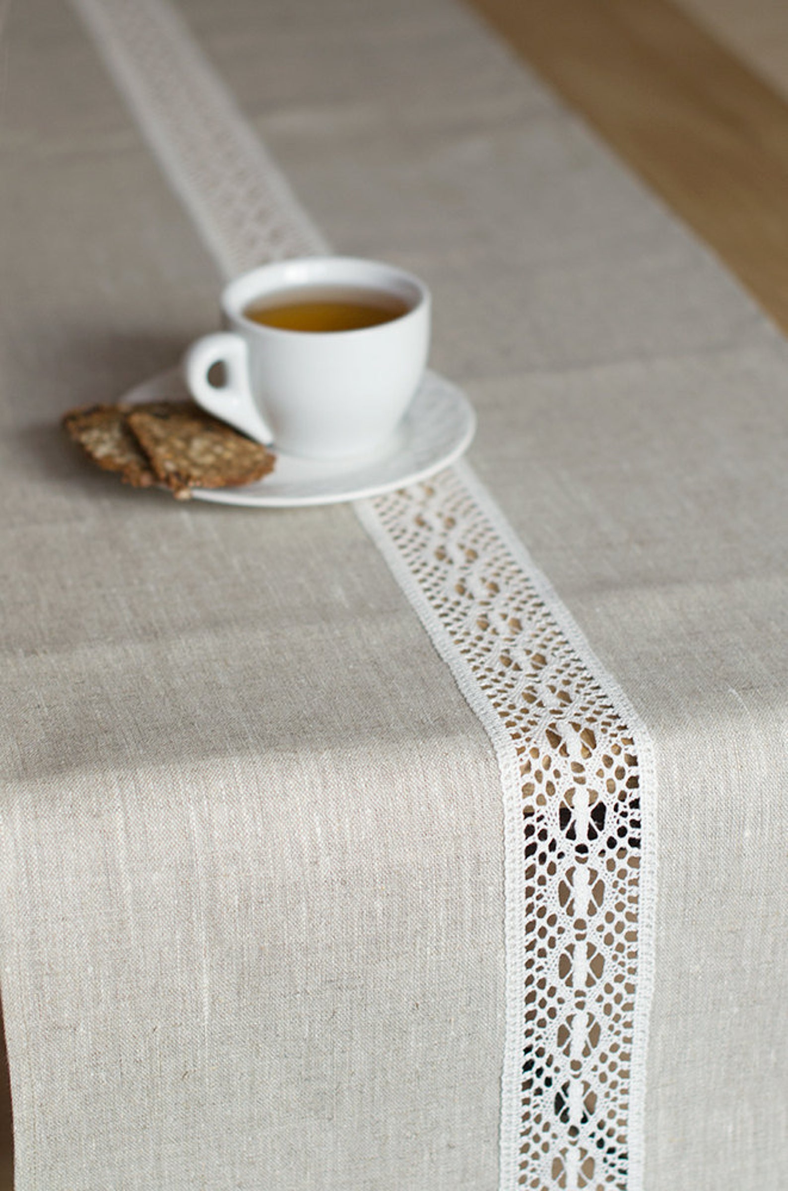 Natural Linen Runner With White Lace Rustic Centepiece Runner Tan ...