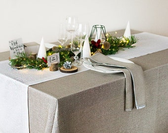 Silver linen TABLECLOTH Metallic wedding dinner table cover Extra long Hanukkah natural table cloth Sparkly New Year party table decor