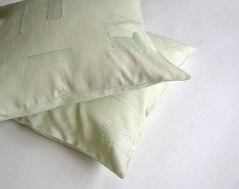 Green linen pillow cover Embroidered throw pillow cover Set 2 covers Mint sofa pillow case with zipper Nursery room decorative cushions