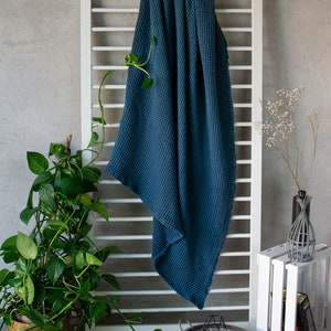 Teal blue linen throw blanket Washed bedspread coverlet Scandi home decor sofa blanket Men gift blanket  Beach rug Terace waffle blanket