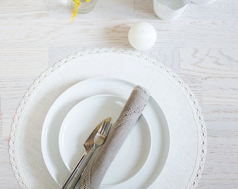 Manteles individuales de lino blanco Manteles individuales para cenas de boda Manteles individuales redondos Juego de 6 manteles individuales Manteles individuales de cumpleaños Mantel de lino Mantel de mesa Manteles individuales de encaje para centro de mesa