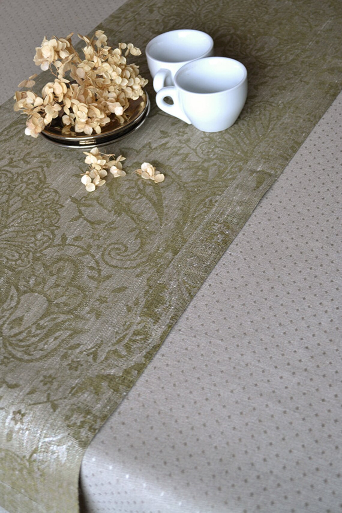 Damask Table Runner Olive Green / Natural Gray Linen table Etsy