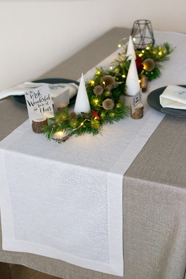 White silver linen table RUNNER Christmas metallic table scapes Wedding table centerpiece decor Holiday party dinner table decoration