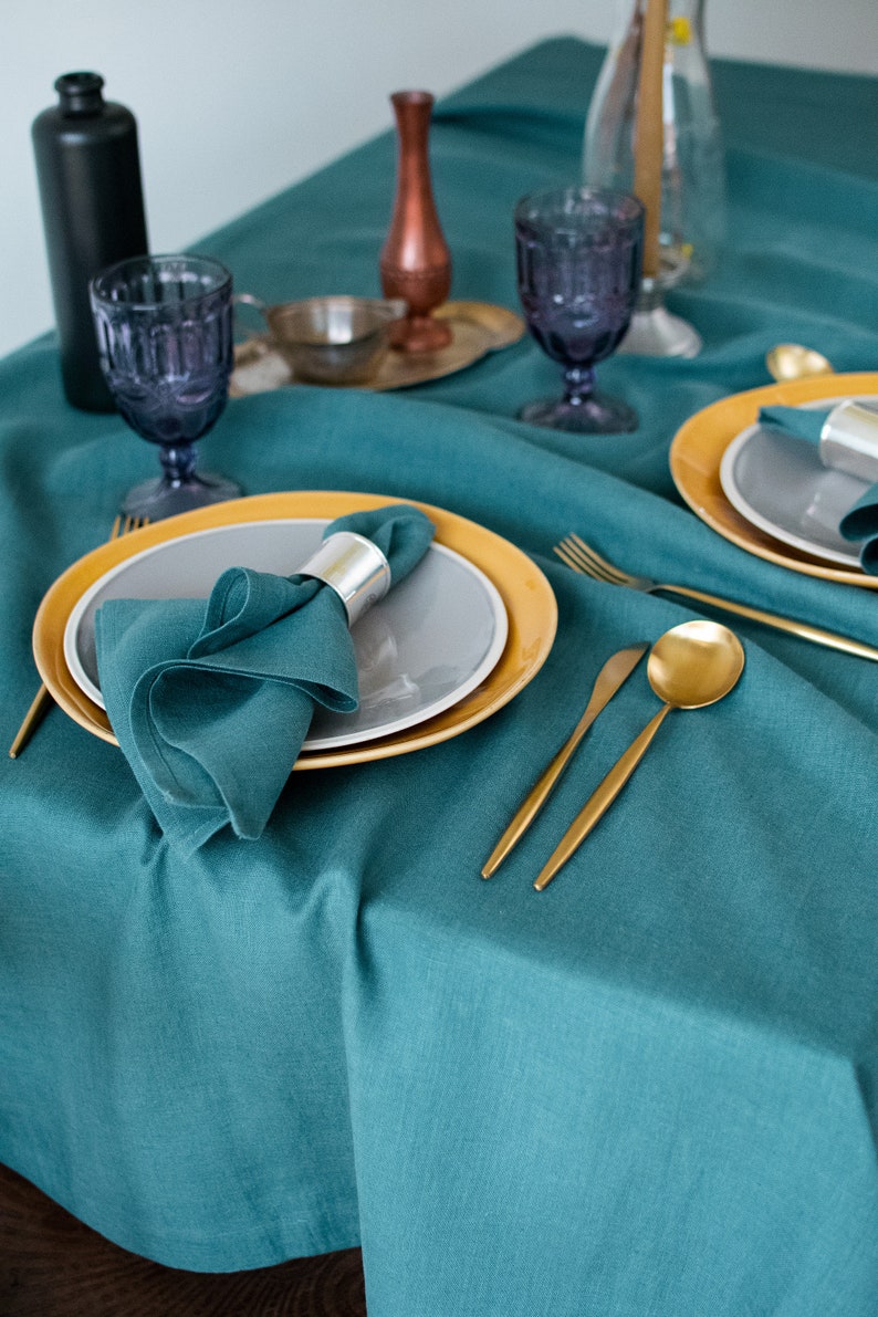 Teal blue linen tablecloth Easter dinner table decor cloth Wedding party tablecloth Stone washed natural table cloth Boho Living tablescapes image 4