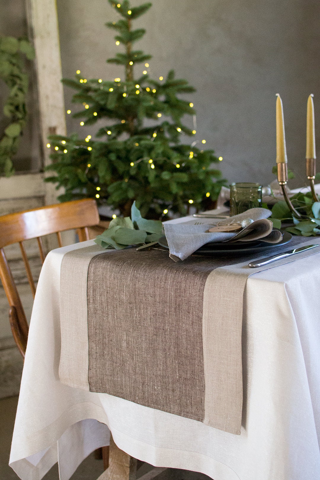 Brown Linen Table Runner Christmas Table Decorations Wedding Dinner Runner  Rustic Natural Topper Living Centerpiece Runner With Borders 